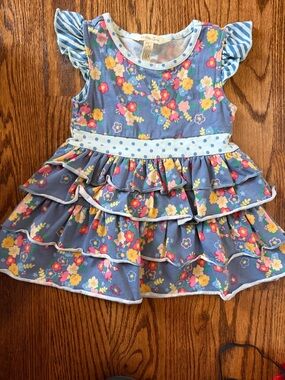 Matilda Jane Blue Floral Ruffle Dress with Polka-Dot Waist